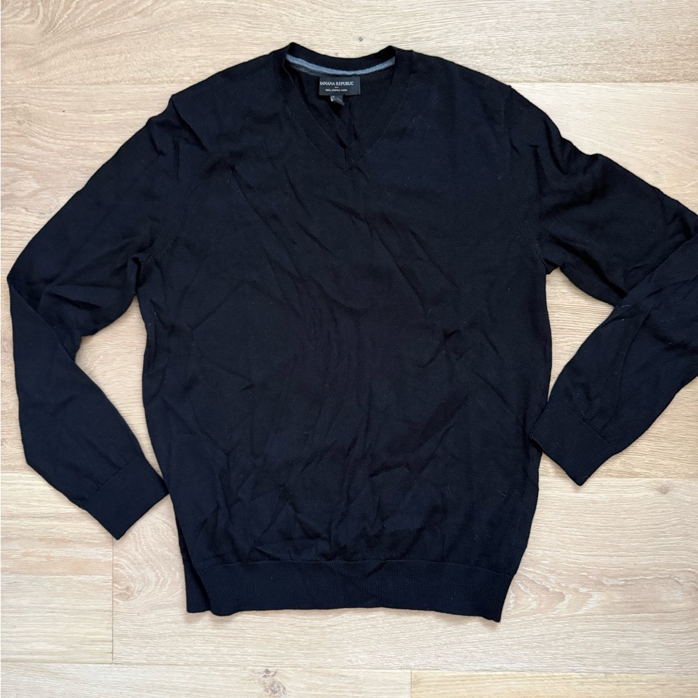 Banana Republic Sweater Mens Black Pullover 100% Merino Wool V Neck Solid